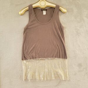 Vintage Y2K Brown Scoop Neck Tank Top with Cream Floral Lace Hem Trim Fairycore